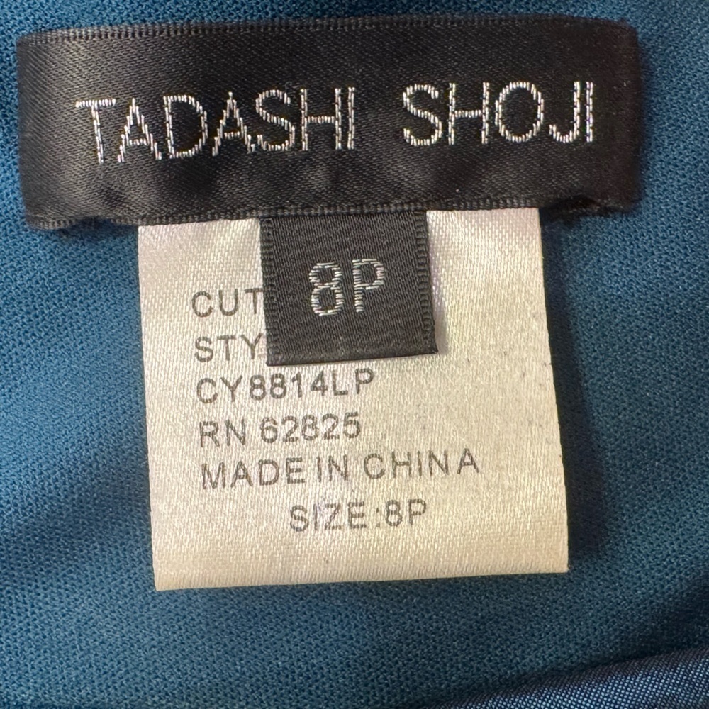 TADASHI SHOJI Iridescent Teal Ruched Formal Gown With Brooch Accent Size 8P - Picture 9 of 9